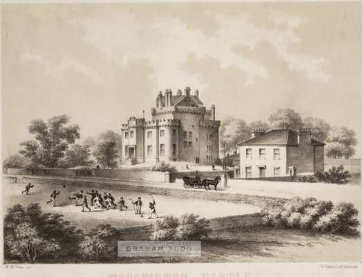 Lithograph of the playing fields at Merchiston Castle School, Edinburgh, portraying boys playing rugby football and shinty circa 1855,
 by W McEwan & 