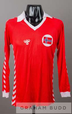 Red and white Norway no.7 jersey, circa 1983,
 by Hummel, long-sleeved with embroidered country badge and sponsor logo, reverse numbered 7