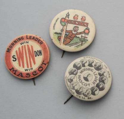 A trio of button badges issued by 'The Morning Leader' to commemorate Swindon Town FC reaching the semi-final of the FA Cup in 1910,
 one featuring po