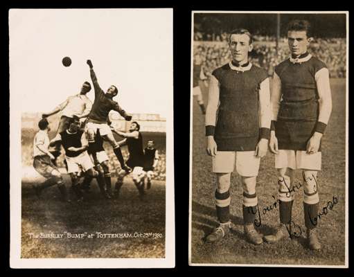 Two Burnley FC postcards, a double-portrait of Burnley footballers and signed by one of them, Benny Cross; the other card match-action from the game a