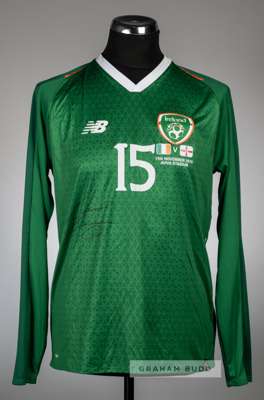 Ronan Curtis signed green Republic of Ireland no.15 jersey v Northern Ireland, Aviva Stadium, 15th November 2018,
 New Balance, long-sleeved with coun