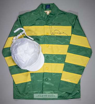A set of Sir Anthony McCoy signed silks in the colours of J.P. McManus,
 the green and yellow hooped silks signed in black marker pen BEST WISHES AP M