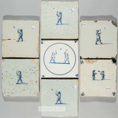Seven 17th century and later Dutch blue and white earthenware tiles depicting Shuttlecock/Badminton (Pluinbal/Kaatsen),
 five of the square formed til