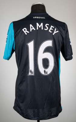 Aaron Ramsey navy and light blue Arsenal no.16 away jersey, season 2011-12,
 Nike, short-sleeved with BARCLAYS PREMIER LEAGUE sleeve badges, club cres