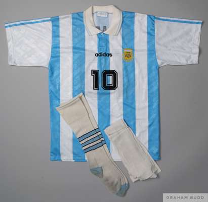 Diego Maradona blue and white 1994 World Cup spare No.10 short-sleeved shirt, 
 Adidas, with button-up collar and embroidered badge monogrammed AFA, t