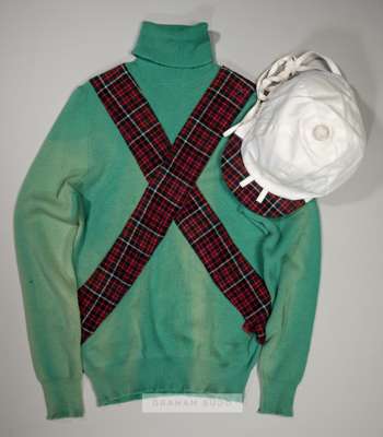 A set of distinctive National Hunt winter woollen racing colours of Mrs J D McKechnie, circa 1970s,
 the green woollen turtleneck with red and black t