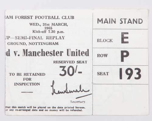 Manchester United v. Leeds United F.A.Cup semi-final replay ticket stub, 1965