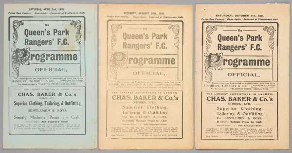 Three QPR home programmes,
 Southern F.L. Division One fixtures v Crystal Palace 2nd April 1910, Norwich City 28th January 1911 and Brentford 7th Octo