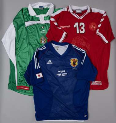 Blue No.29 Japan v. England short-sleeved jersey, 2002, 
 Adidas, with v-neck collar and printed badge with England vs Awaji-Japan 29.5.2002 decal, a 