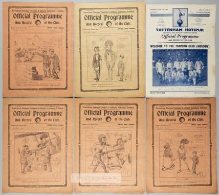 Five Tottenham Hotspur pre-war match programmes v Bolton Wanderers, v Cardiff City, v Middlesbrough, v Aston Villa and v Liverpool,
 comprising v Bolt