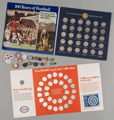 Collection of football related collector's badges and commemorative coins,
 including large quantity of Football London lapel badges; German 2006 Bidd