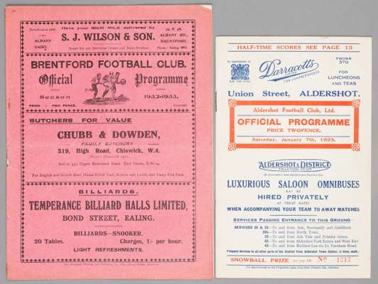 Two Aldershot programmes from their first season in the Football League 1932-33,
 F.L. Division Three South fixtures, an away at Brentford 26th Decemb