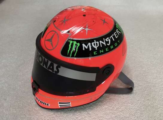 Michael Schumacher 2010 replica AMG Mercedes helmet,   

A superb 1:1 display replica of the Schuberth helmet used by Michael Schumacher in his comeba