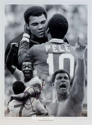 Pele signed b & w photographic print montage with Muhammad Ali 'Pele & Ali', 
 featuring the two of the 20th century greatest sporting legends embraci