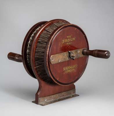 An extremely rare six-ball Stadium mahogany Tennis ball cleaner by Slazengers, circa 1910, 

this ingenious design allows six balls to be brushed clea