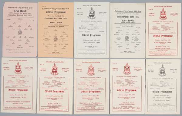 Chelmsford FC home programmes, season 1951-52, 
 covering first team and reserves playing in the Southern League, Eastern Counties League, including v