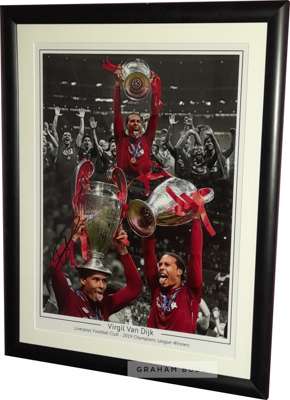 Liverpool captain Virgil Van Dijk hand autographed Champions League winners montage,
 measures 41 by 31.5cm., mounted and framed with acrylic front ra