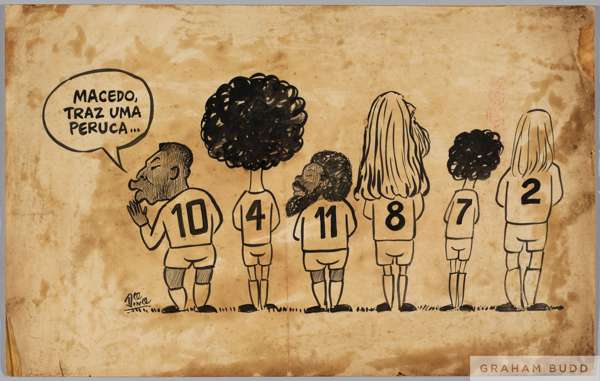 An original ink on paper satirical illustration depicting Pelé,
 and other members of FC Santos and making a joke about their hairstyles. Signed to th