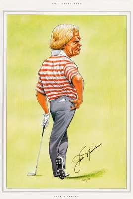 Golf: Jack Nicklaus signed caricature,
 a bookplate from the John Ireland caricature book, nicely autographed in ink by Jack Nicklaus.