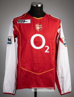 Lauren red Arsenal no.12 jersey v Manchester United played at Highbury, 1st February 2005, 
 Nike, long-sleeved with BARCLAYS PREMIERSHIP CHAMPIONS 20