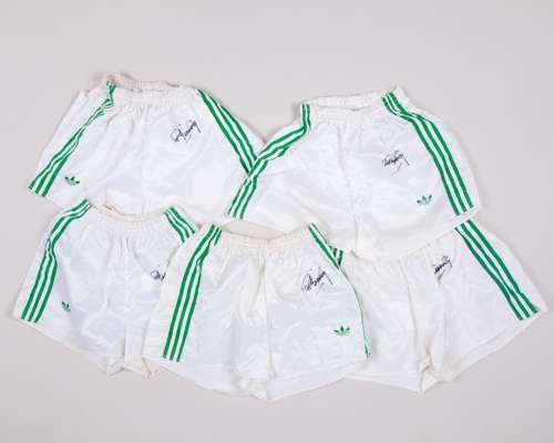 Pat Jennings five pairs of white and green autographed Northern Ireland worn shorts
