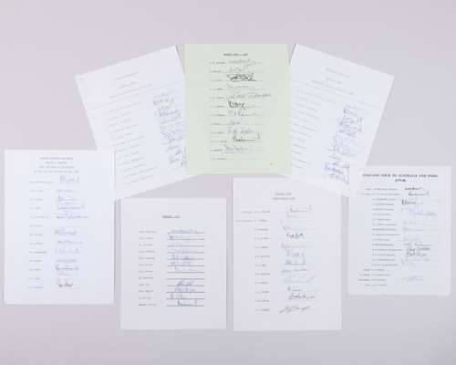 Seven England cricket autographed team sheets