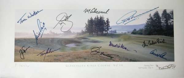 Golf – Gleneagles Kings Course Denty Den 309 yards Par 4 No.14 print by artist Patrick Drickey, 
 superb image signed by 11 PGA golf legends and Major