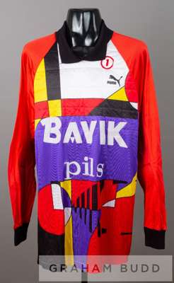 Multi-coloured Waregem S.V no.17 substitute goalkeeper's jersey, circa early 1990s,
 by Puma, long-sleeved with padded elbows, club crest and sponsor 