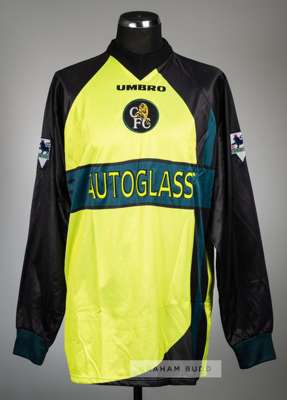 Dmitri Kharine luminous yellow & black Chelsea No.23 goalkeeper's jersey, season 1997-98,
 Umbro, long-sleeved, Premier League badges, reverse lettere