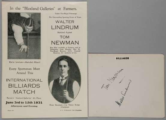 Tom Newman & Walter Lindrum, World Billiards Champions Tom Newman (1921, 1922, 1924, 1925, 1926 and 1927) and Walter Lindrum (1933 & 1934) pair of ori