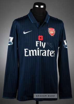 Thomas Vermaelen signed navy and blue Arsenal Poppy no.5 away jersey, season 2009-10,
 Nike, long-sleeved with BARCLAYS PREMIER LEAGUE sleeve badges, 