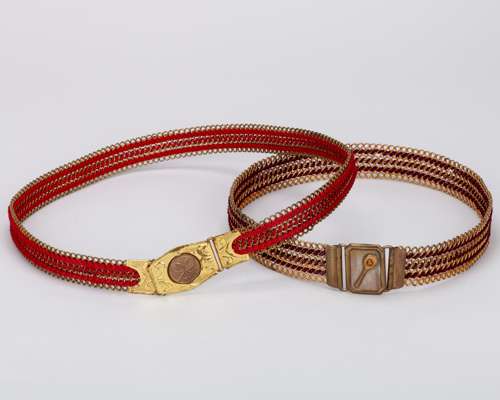 Three unusual lawn tennis themed belts, comprising "Martin Patent” flexible-link brass belt