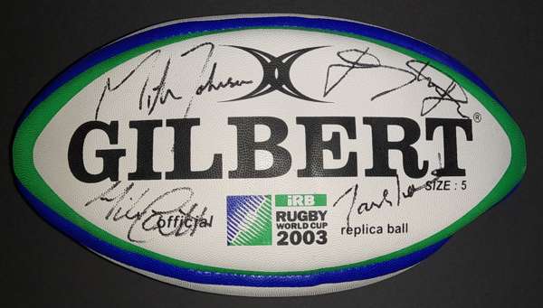 2003 RWC Size 5 Gilbert Official Winners Rugby Ball signed by four players, England's winning captain Martin Johnson, the man with the golden boot Jon