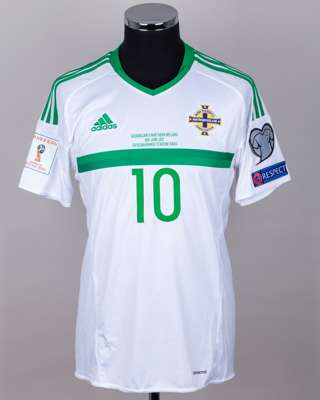 Kyle Lafferty white No.10 Northern Ireland v. Azerbaijan match worn short-sleeved shirt, 2017