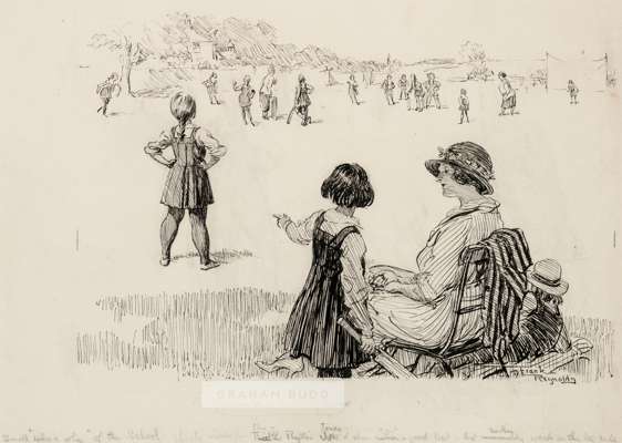 Frank Reynolds (British, 1876-1953) "The Glorious Uncertainty of Cricket", circa 1930s.
 Pen and ink drawing, depicting schoolgirls playing cricket wi