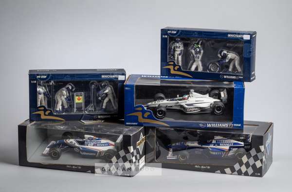Collection of nine Williams 1:18 scale model cars and six pit crew packs, 
 pit crews: 318100052 (2) - 318100053 (2) - 318100051 - 318100054 - cars: 1