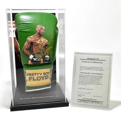 Floyd Mayweather jnr signed 16oz painted boxing glove, 
 mounted within perspex display case that measures 26 by 21 by 21cm, comes complete with COA