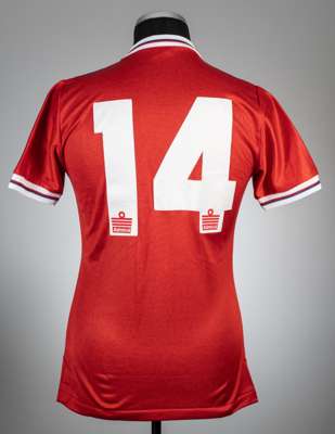 Red England no.14 away jersey, season 1980-83,
 Admiral, short-sleeved with national emblem badge, red Admiral badge, reverse numbered 14, size 38/40i