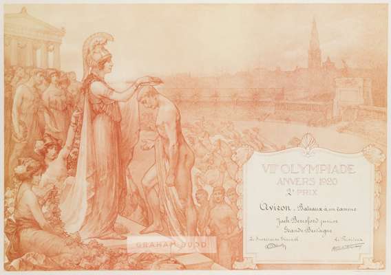 1920 Antwerp Olympic Games singles sculls rowing silver medal diploma awarded to Jack Beresford of Great Britain, 
 of typical form featuring a helmet