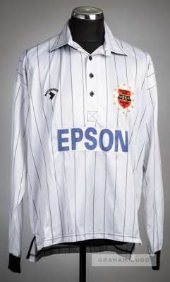 White with black pin stripe Budapest Honved FC no. 2 jersey, circa 1992,
 Matchwinner, long-sleeved, with embroidered club crest, reverse numbered 2