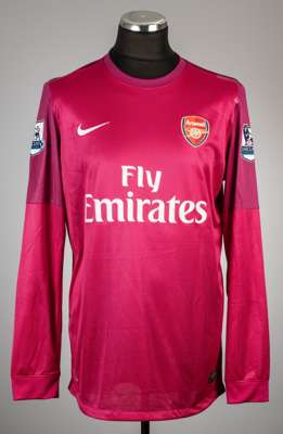 Vito Mannone pink Arsenal no.24 goalkeeper's away jersey, season 2012-13,
 Nike, long-sleeved with BARCLAYS PREMIER LEAGUE sleeve badges, club crest a