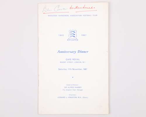 Middlesex Wanderers Association Anniversary autographed menu, 1967