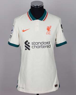 Mohammed Salah cream and green No.11 Liverpool v. Aston Villa short-sleeved shirt, 2022
