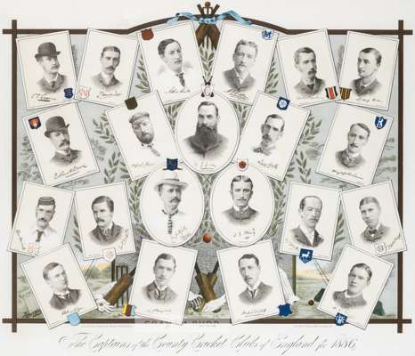 Lithograph The Captains of the County Cricket Clubs of England for 1886,
 with vignette portraits of 21 county captain portraits with facsimile signat