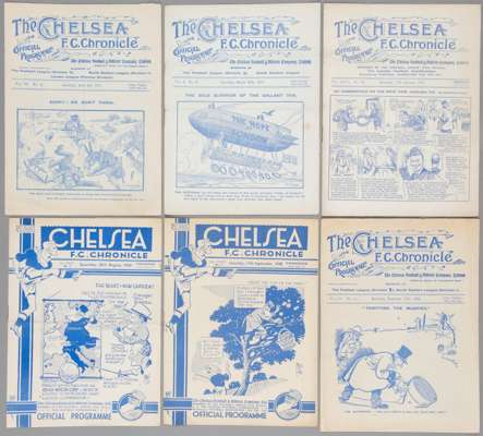 Six Chelsea home programmes,

v Newcastle United 12th December 1908, Fulham 8th April 1911, Blackburn Rovers 20th March 1915, West Ham United 17th Jan