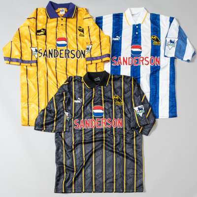 Three Sheffield Wednesday Premier League match jerseys,
 comprising Nigel Jemson blue and white striped home no.19 jersey; Ian Taylor black and orange