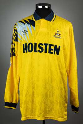 Nayim yellow and navy Tottenham Hotspur no.4 away jersey, season 1991-92,
 match issue, Umbro, long-sleeved with THE FOOTBALL LEAGUE sleeve badges, cl