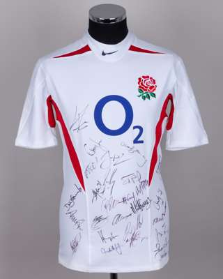 White and red England RFU autographed replica short-sleeved shirt, 2005-06