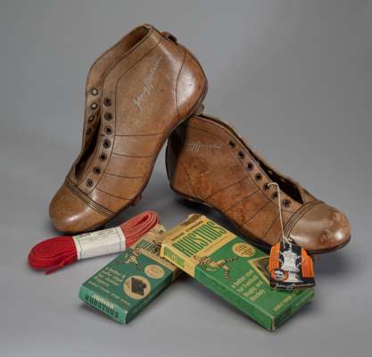 An unused pair of Johnny Hancocks endorsed "Scrum" football boots, c.1950,
 with original tag, together with two pairs of unused Rubstuds in original 
