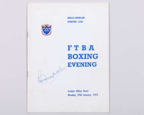 Bobby Moore, Jimmy Greaves and Jimmy Hill autographed Anglo-American Boxing menu, 1973
